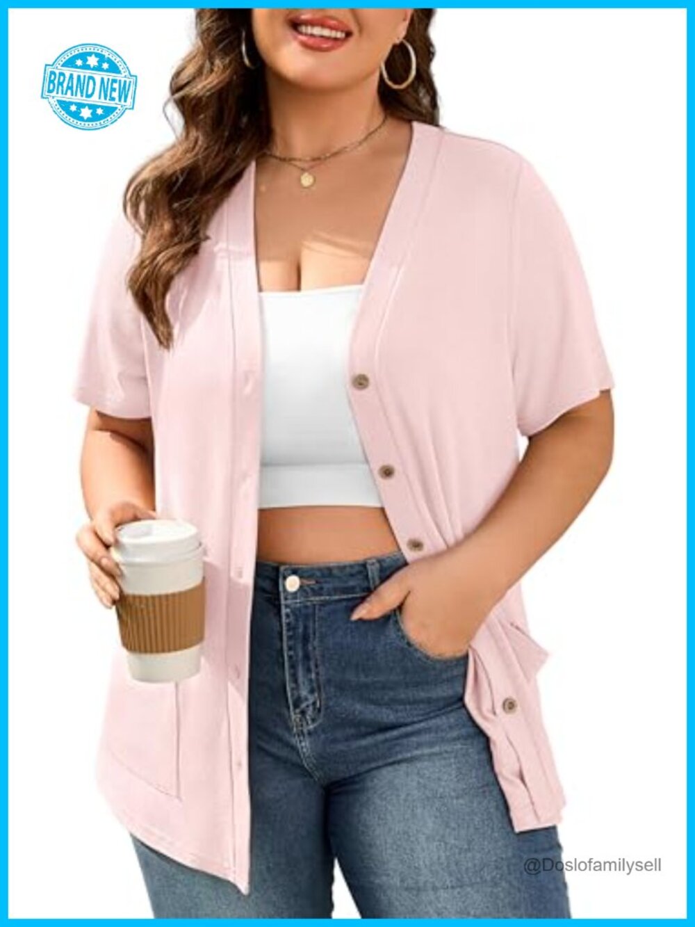 Plus Size Lightweight Knit Cardigan Short Sleeve V-Neck Button Pockets